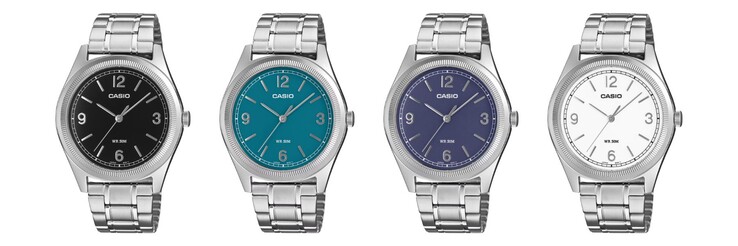 Van links naar rechts: de Casio MTP-B210D-1AV, MTP-B210D-2A1V, MTP-B210D-2A2V en MTP-B210D-7AV horloges