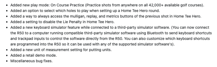Het wijzigingslogboek voor systeemsoftware 8.40 voor de Garmin Approach R50. (Afbeelding bron: screenshot van Garmin forum)