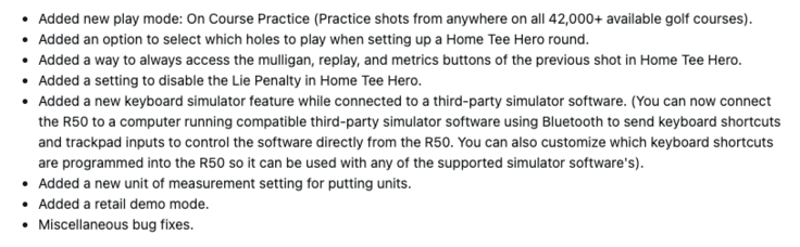 Het wijzigingslogboek voor systeemsoftware 8.40 voor de Garmin Approach R50. (Afbeelding bron: screenshot van Garmin forum)