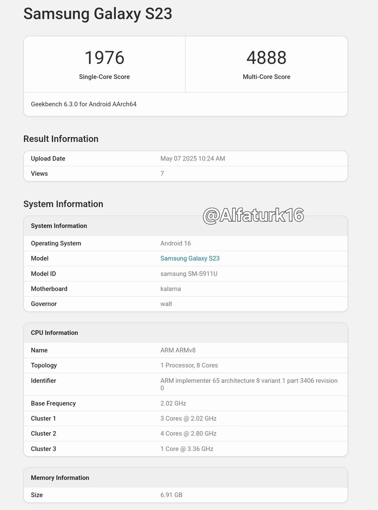 Een "Galaxy S23" lijkt Android 16 te draaien op Geekbench. (Bron: Geekbench via @Alfaturk16 op X)