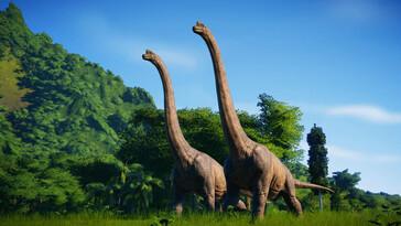 Een afbeelding van twee Brachiosaurussen in Jurassic World Evolution.