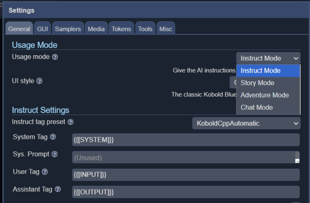 Instruct wordt gebruikt om de LLM instructies te geven, chat is vergelijkbaar met een chatbot, verhaal is goed voor romans en avontuur is het beste voor interactieve fictie in RPG-stijl.