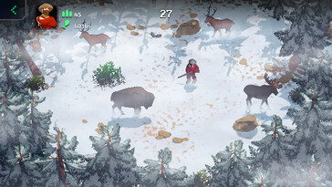 Een afbeelding waarop een personage en dieren uit The Oregon Trail te zien zijn.
