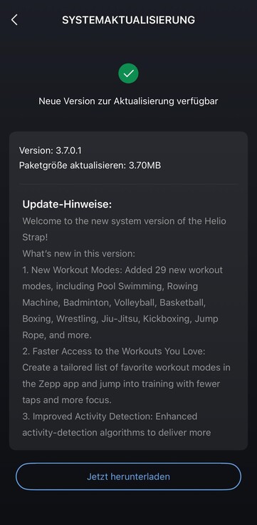 De release notes voor softwareversie 3.7.0.1 voor de Amazfit Helio Strap. (Afbeeldingsbron: u/85Blickwinkel via Reddit)