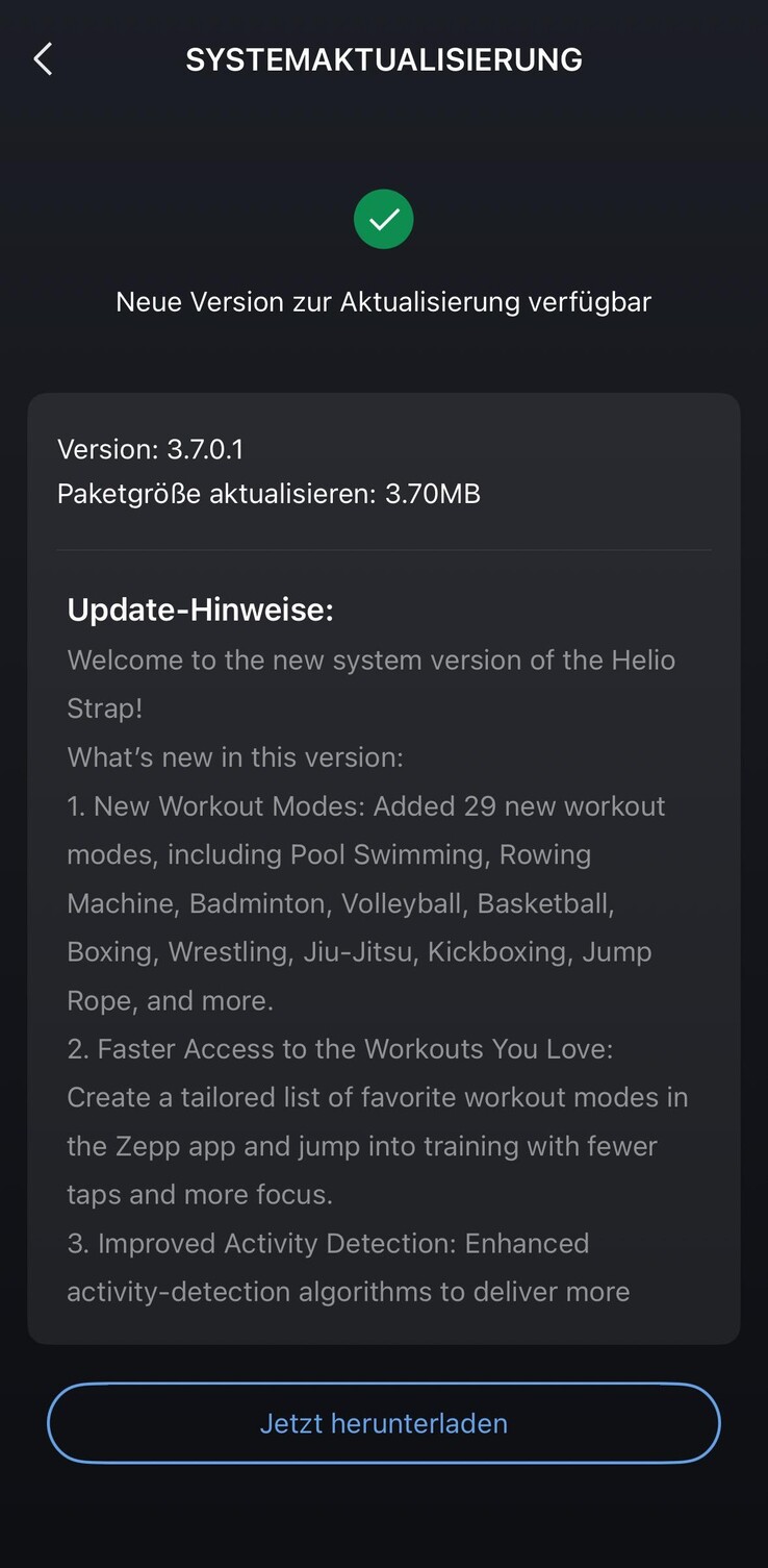 De release notes voor softwareversie 3.7.0.1 voor de Amazfit Helio Strap. (Afbeeldingsbron: u/85Blickwinkel via Reddit)