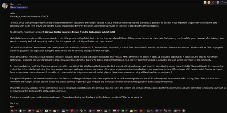 Aankondiging verwijdering InZOI Denuvo (Afbeeldingsbron: screenshot, InZOI discord)