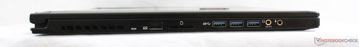 Links: Kensington Lock, SD-kaarlezer, 3x USB 3.0, 3.5-mm-hoofdtelefoon, 3.5-mm-microfoon