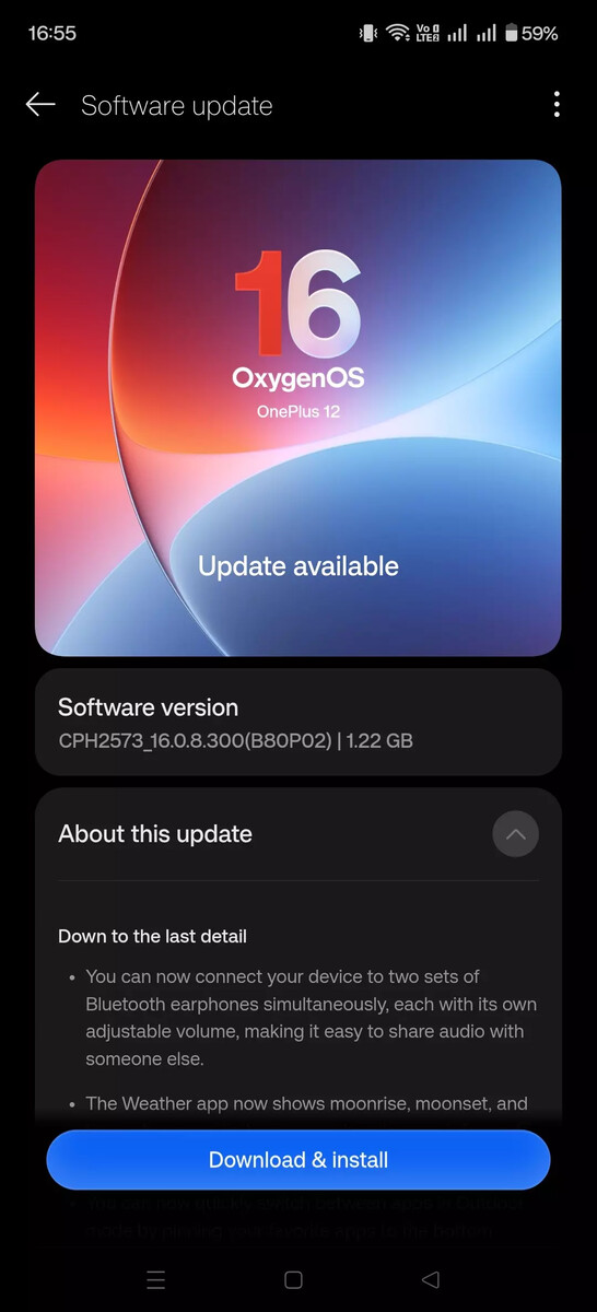 Het scherm van de OnePlus 12-software-update toont de update OxygenOS 16.0.8.300, waarbij de nieuwe ondersteuning voor dubbele Bluetooth-audio en andere nieuwe functies worden benadrukt.