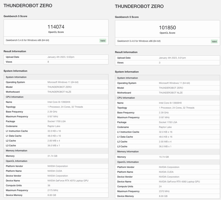 Nvidia GeForce RTX 4070 en RTX 4060 op Geekbench (afbeelding via Geekbench)