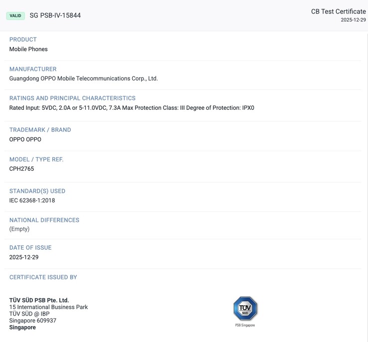 TÜV SÜD certificering van de Oppo Find N6. (Afbeeldingsbron: TÜV SÜD)
