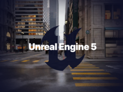 Het Unreal Engine 5 logo met een gerenderde omgeving op de achtergrond (bron: Epic)