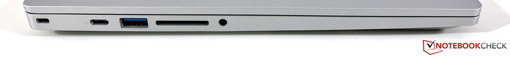 Links: Kensington-slot, USB-C 3.2 gen. 2 (10 Gb/s, DisplayPort ALT-modus 1.4, Power Delivery), USB-A 3.2 gen. (5 Gb/s), kaartlezer, 3,5-mm audio