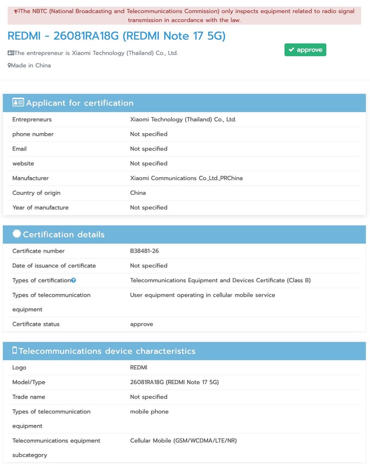NBTC-certificering van de Redmi Note 17 Pro Max.