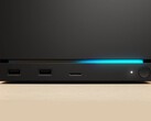 Vooraanzicht van de Valve Steam Machine met dubbele USB-poorten, een USB-C poort, een voedings-LED, een ronde aan/uit-knop en een blauwe LED-strip. (Afbeeldingsbron: Valve)