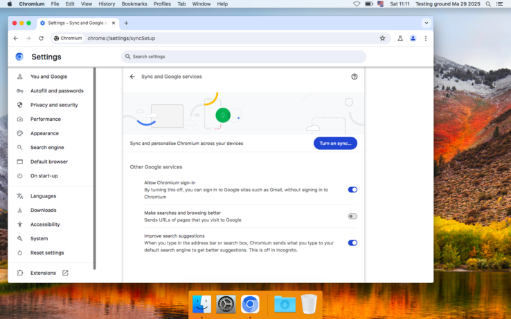 Chromium Legacy 127 op macOS 10.13 - de set instellingen ziet er redelijk standaard uit (Afbeeldingsbron: Screenshot - Notebookcheck)