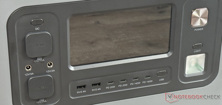 Op de voorkant: display, 6 USB- en andere DC-poorten, aan/uit-knop en LED-lampje