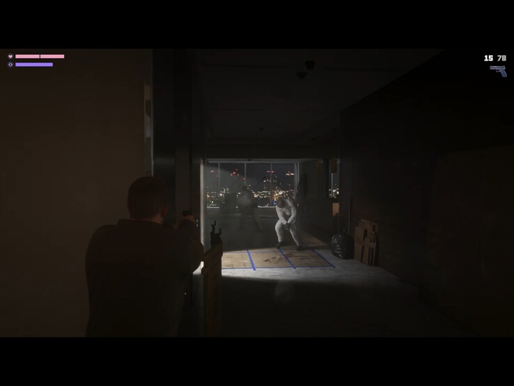 Een screenshot uit de Extended Look waarop Jason en Lucia ontsnappen uit een hoog gebouw.