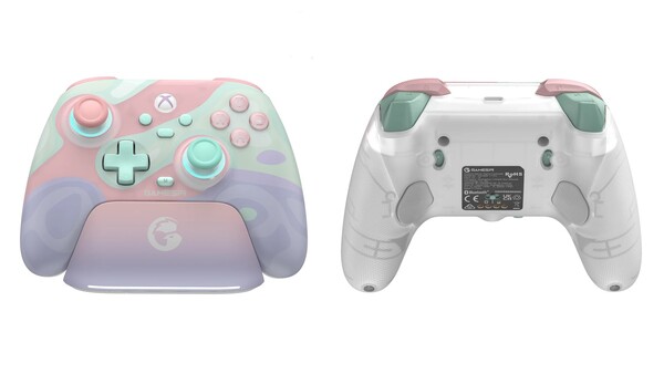 De GameSir T7 Pro Sugar Whirl heeft een oplaaddock en twee knoppen aan de achterkant.