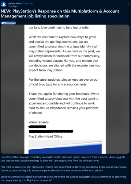 Reactie van PlayStation op klacht over platformoverschrijdende PS5-games (Afbeelding bron: screenshot, PlayStation-subreddit)