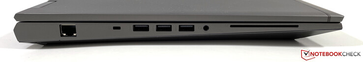 Linkerzijde: Ethernet, sleuf voor een nano-beveiligingsslot, 3x USB 3.2 Gen 1 (1x met voeding), 3,5 mm stereo-aansluiting, SmartCard