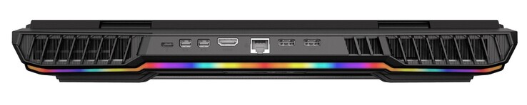 Achterkant: Thunderbolt 3, 2x Mini DisplayPort 1.4, HDMI 2.0, RJ45 LAN, 2x stroomadapter
