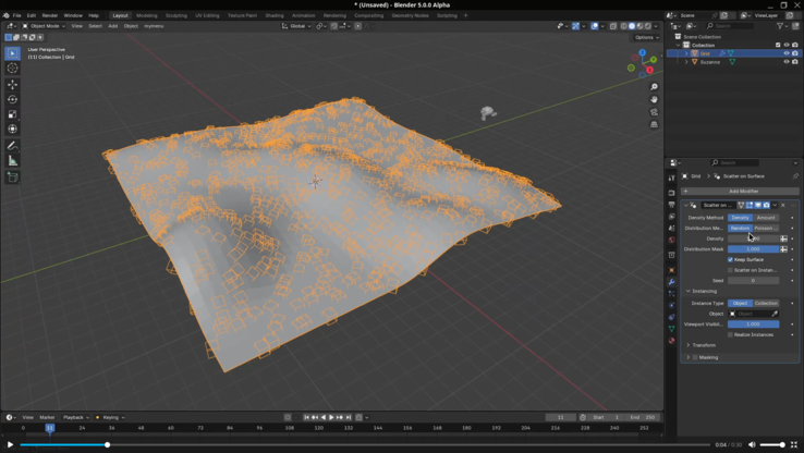 Blender 5.0 verstrooiing op oppervlaktemodificator. (Afbeeldingsbron: Blender)