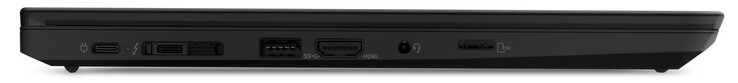 Linkerzijde: 2x Thunderbolt 4 (voeding, inclusief DisplayPort 1.4, PD 3.0), dockingpoort, 1x USB-A 3.2 Gen 2, HDMI 2.0, gecombineerde audio-aansluiting, microSD-kaartlezer