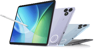 Blackview Zeno 6-tablet met een stylus, afgebeeld naast paarse, blauwe en grijze achterpanelen.