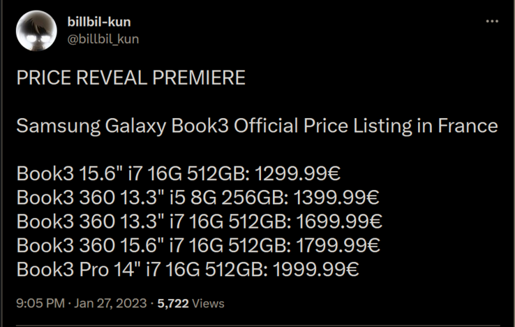 Galaxy Book3 serie prijzen (afbeelding via Bilibilikun op Twitter)