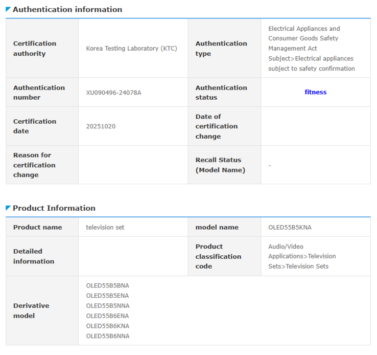 Een screenshot van de recente vermelding in de Safety Korea database met LG B5 en B6 TV modelnummers. (Afbeeldingsbron: LG)