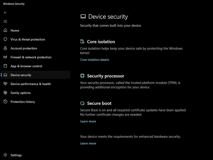 De pagina ‘Apparaatbeveiliging’ in de Windows-beveiligingsapp, waarop de officiële groene statusindicator wordt weergegeven.