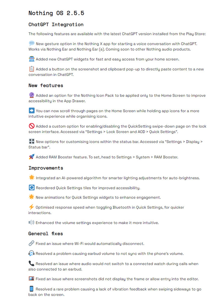 Nothing OS 2.5.5 voor Nothing Phone 1 changelog (Afbeeldingsbron: Nothing)