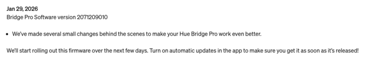 De release notes voor Philips Hue Bridge Pro Software versie 2071209010 (identiek aan Hue Bridge v2 update). (Afbeeldingsbron: Screenshot van de Philips Hue-ondersteuningspagina)