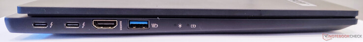 Links: 2x Thunderbolt 4, HDMI-uit, USB 3.2 Gen2 Type-A, LED-lampje voeding aan, LED-lampje batterij