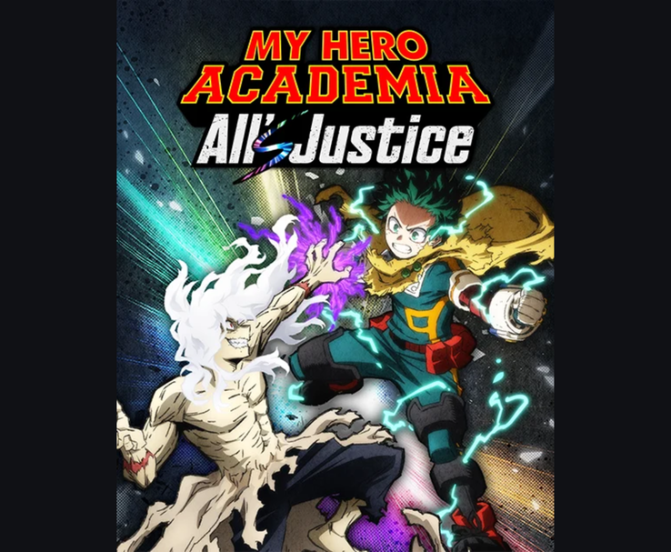 Hoofdbeeld voor My Hero Academia: All's Justice waarop Izuku Midoriya vecht tegen Tomura Shigaraki met energie-effecten. (Bron: Bandai Namco)