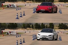 De Porsche Taycan GTS ziet er aanzienlijk plantaardiger uit dan de Tesla Model S Plaid, ondanks dat hij technisch gezien de elandtest verliest. (Foto bron: km77 op YouTube)