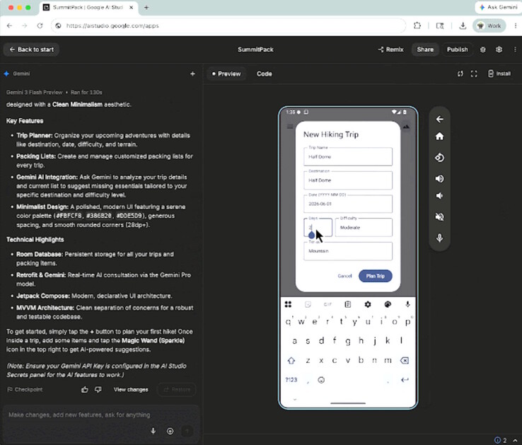 Gemini AI Studio apps die met Vibe zijn gecodeerd, kunnen online worden uitgevoerd in de Android telefoonemulator of op lokale telefoons worden geïnstalleerd om te testen.