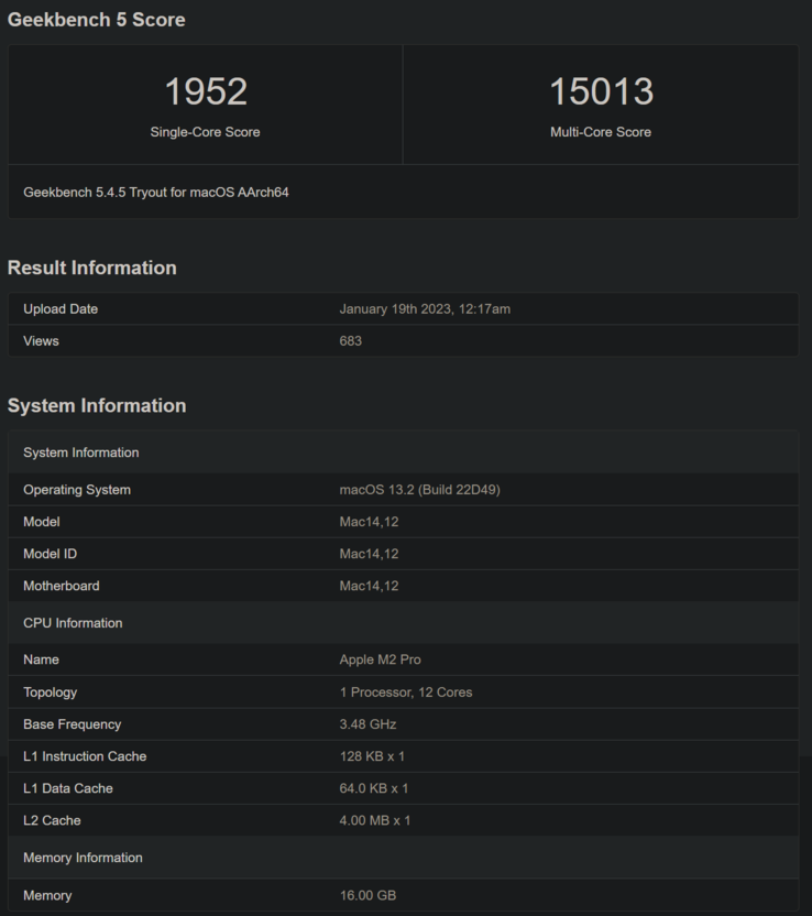 Apple M2 Pro Geekbench notering (afbeelding via Geekbench)