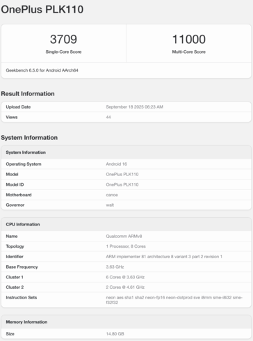De OnePlus 15 met Snapdragon 8 Elite Gen 5 verschijnt op Geekbench. (Afbeeldingsbron: Geekbench)
