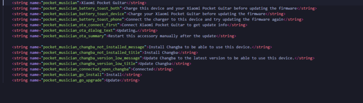Tekstfragmenten die aangeven dat de Xiaomi Pocket Guitar gekoppeld moet worden aan de Changba-app om te kunnen functioneren