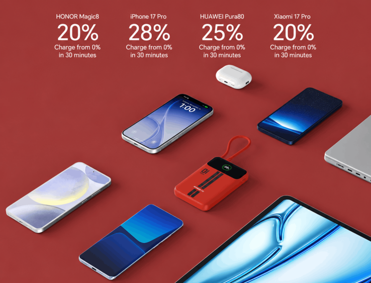 Honor Life-powerbank getoond naast smartphones, draadloze oordopjes en een laptop