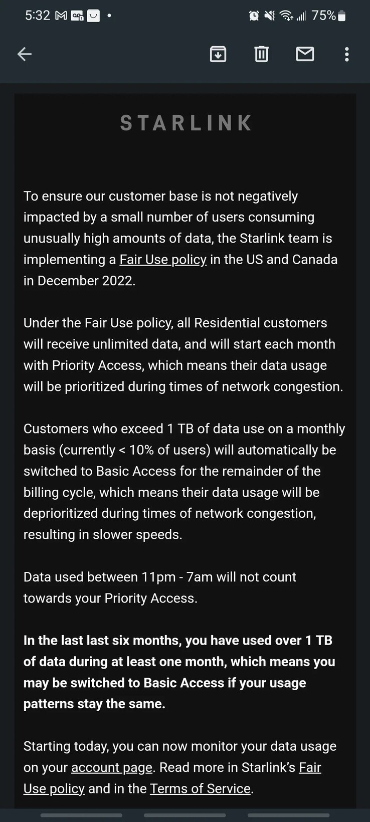Het datapapbericht dat SpaceX sinds vrijdag naar Starlink-gebruikers stuurt