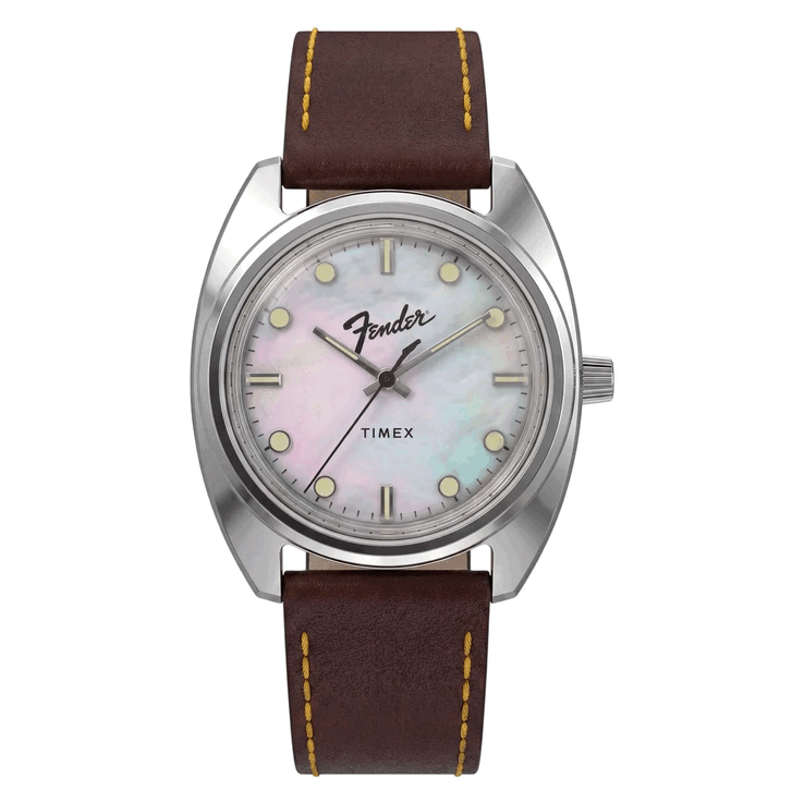 Het Timex Fender TW6A14700X6-horloge is voorzien van een parelmoeren wijzerplaat