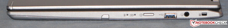 Rechterzijde: aan/uit-knop, USB 3.2 Gen 1 (Type A), audio-combipoort, sleuf voor een kabelslot