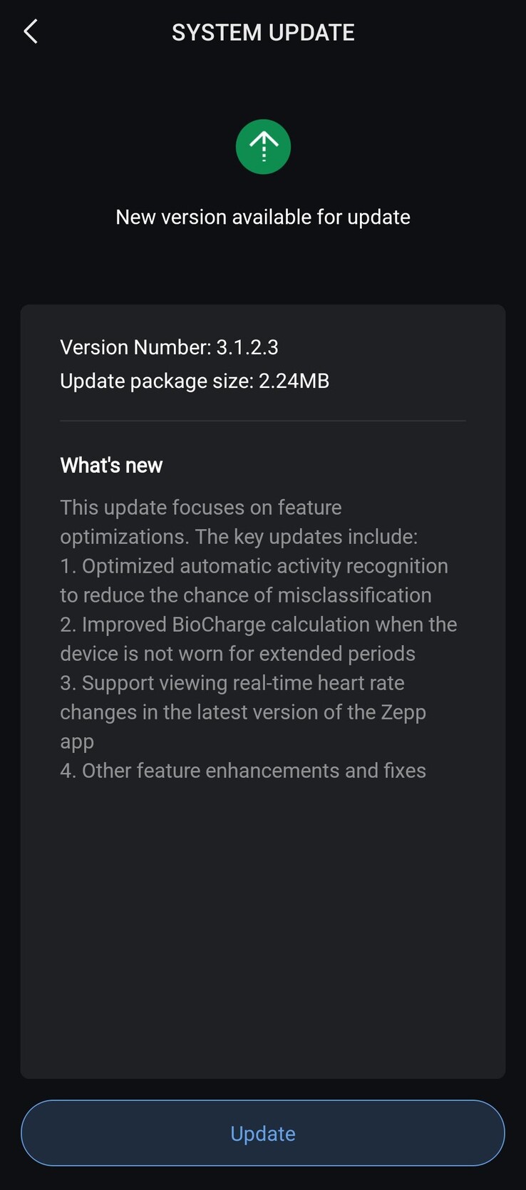 De release notes voor softwareversie 3.1.2.3 voor de Amazfit Helio Strap. (Afbeeldingsbron: u/FluffyMousse6975 via Reddit)