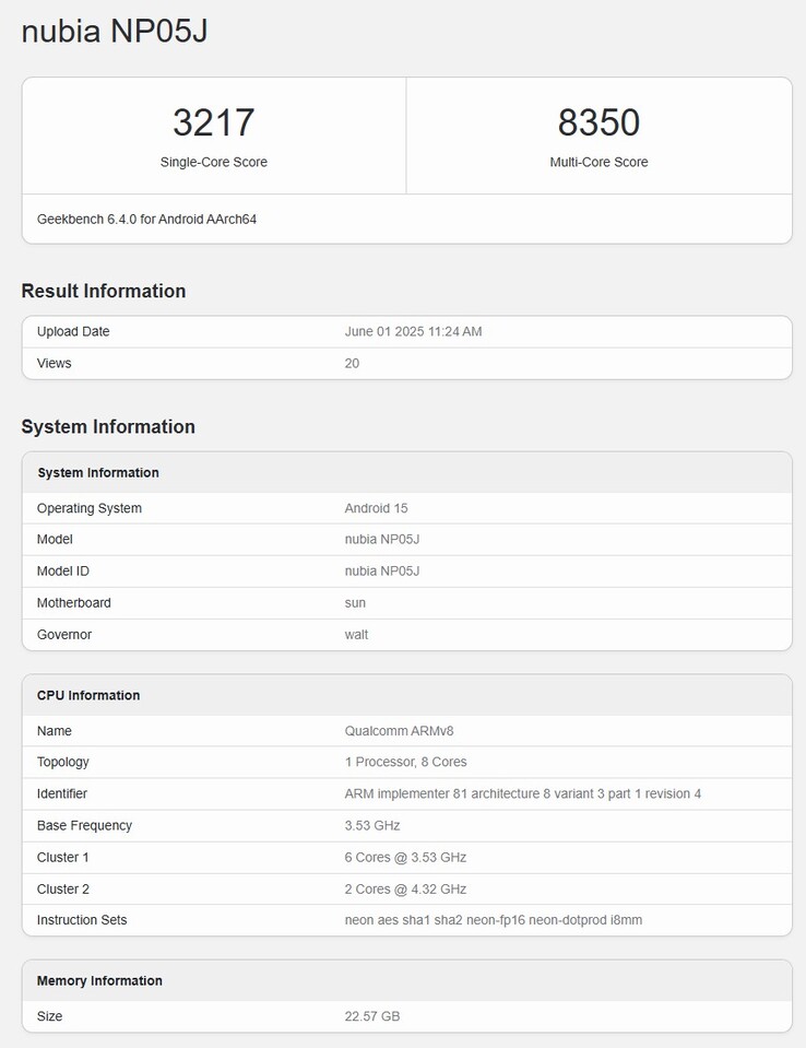 De vermeende Geekbench-notering van de Snapdragon 8 Elite RedMagic gaming-tablet (Afbeelding bron: Geekbench)