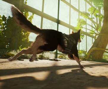 Agent T.H.U.N.D.E.R. rent door een broeikasachtig gebied in Barkour, en laat parkourbewegingen zien in een weelderige omgeving. (Afbeelding bron: Varsav Game Studios via Steam)