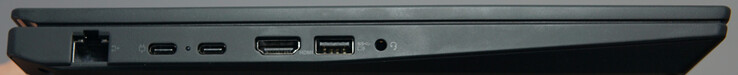 Aansluitingen links: 1 Gigabit LAN, USB4 (40 Gbit/s, DP), USB-C (10 Gbit/s), HDMI, USB-A (5 Gbit/s), Headset
