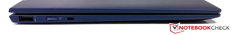 Links: USB-A 3.1 Gen.1, sleuf voor een beveiligingsslot, power-knop, Nano-SIM-sleuf