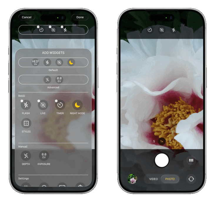 De Camera-app van iOS 27 zal naar verwachting opnieuw worden ontworpen en volledig aanpasbaar zijn met een reeks bedieningsopties (links), terwijl de hoofdinterface voor het maken van foto's naar verwachting bedieningselementen in het midden bovenaan zal